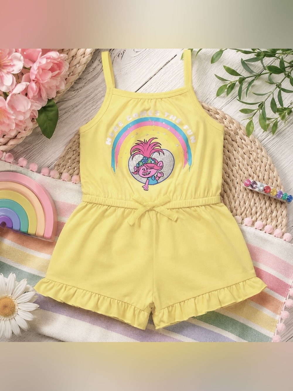 DreamWorks Trolls Poppy Yellow Romper 4T + Rainbow Hair Clip
